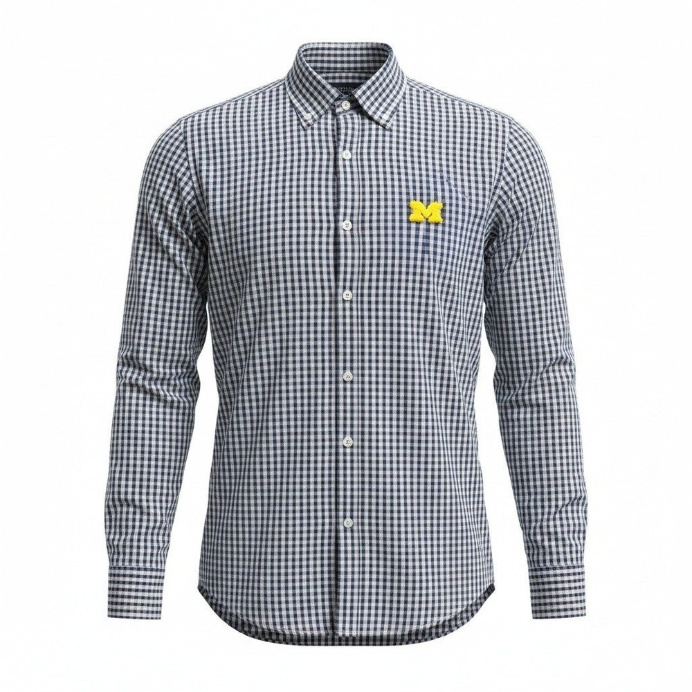 Antigua Michigan Wolverines Mens M Navy Blue Gingham Button Down Shirt NCAA